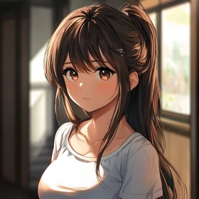 Sunlit Anime Girl in Thoughtful Pose