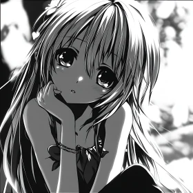 Expressive Anime Girl in Black and White