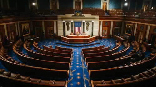 Grand Legislative Chamber Interior with Flag and Semi-Circular Seating