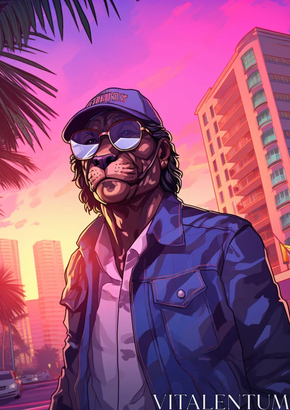 Urban Lion: A Sunset City Portrait AI Image