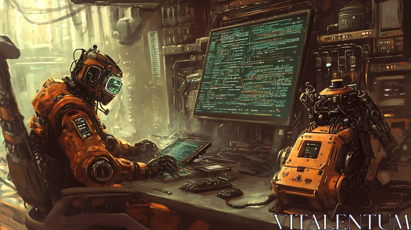 Robot Coding in a Cyberpunk Setting AI Image