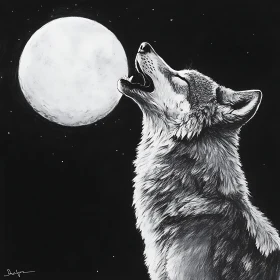 Monochrome Wolf and Moon Illustration