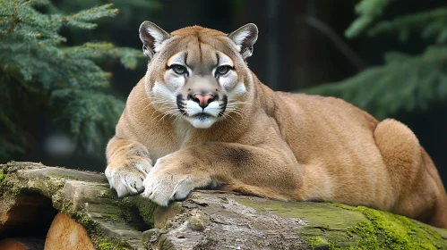 Mountain Lion Resting on Mossy Log