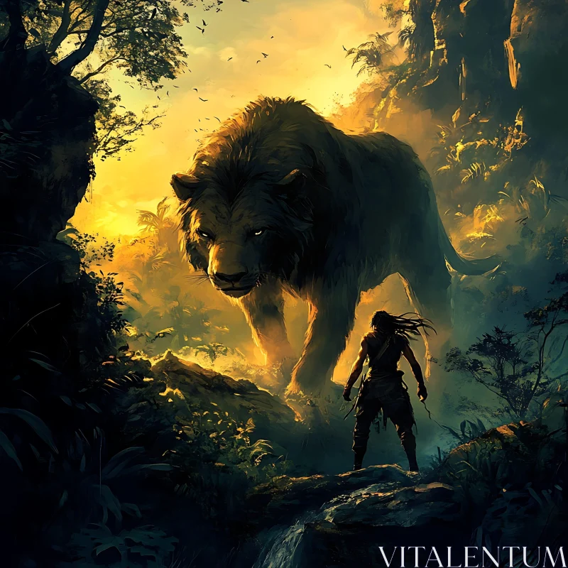 Warrior Confronts Lion in Jungle AI Image