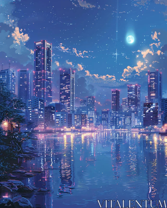 AI ART Tranquil Night City Skyline Reflection