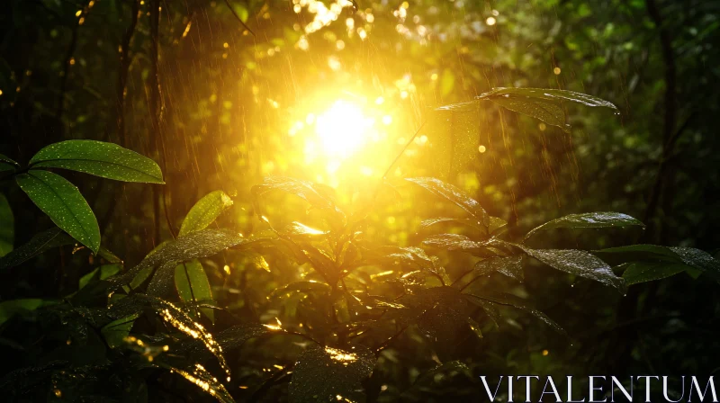 Sunshine Breaking Through Rain in Forest AI Image