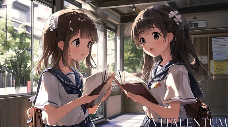 Anime Students Reading in Sunlit Classroom AI Image