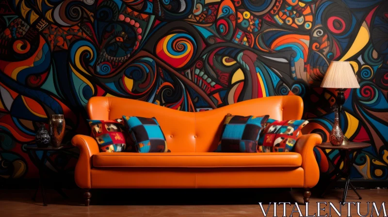 Colorful Interiors: Abstract Art and Orange Sofa AI Image
