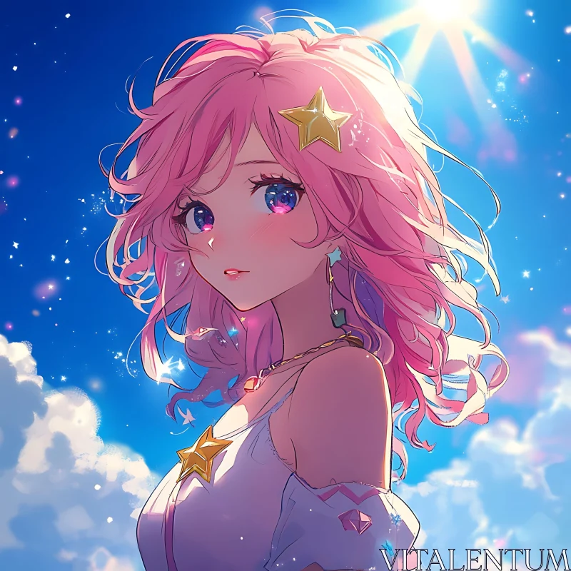 Dreamy Anime Girl with Stars in Pink Hair AI Image