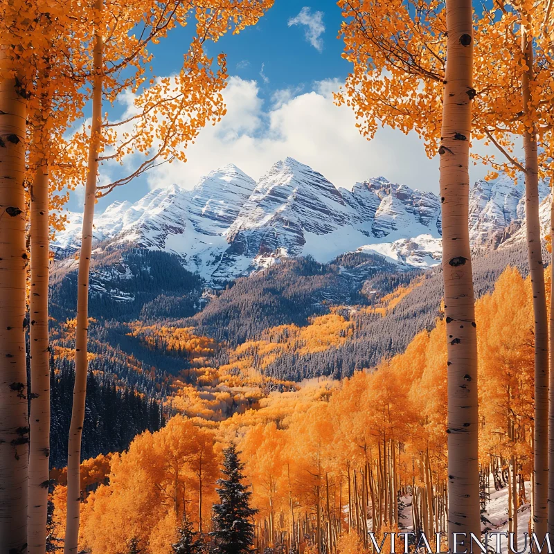 AI ART Snowy Peaks Through Golden Aspen Forest