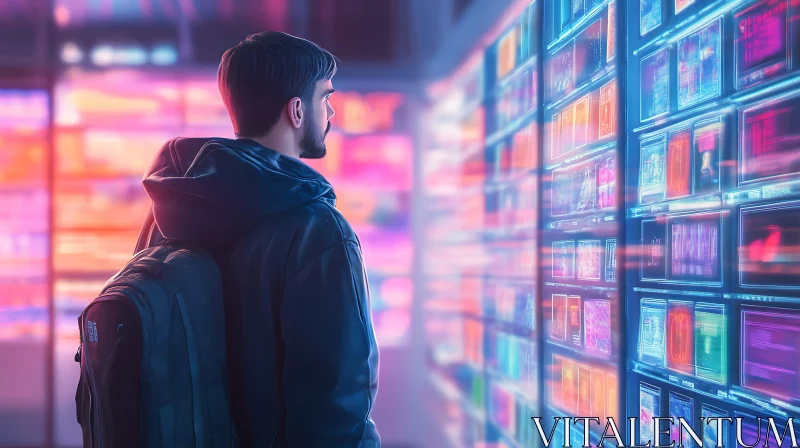 Man Immersed in a Neon Data Stream AI Image