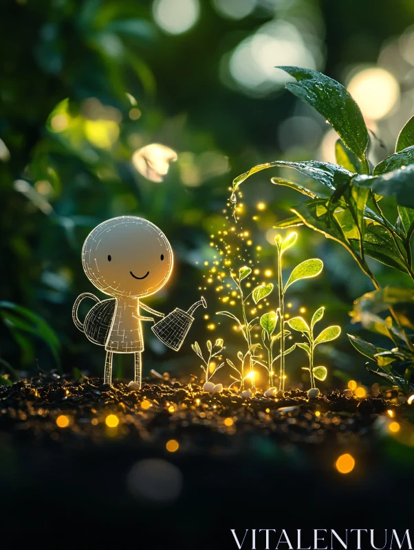 AI ART Magical Gardening Scene with Cartoon Character and Glowing Plants