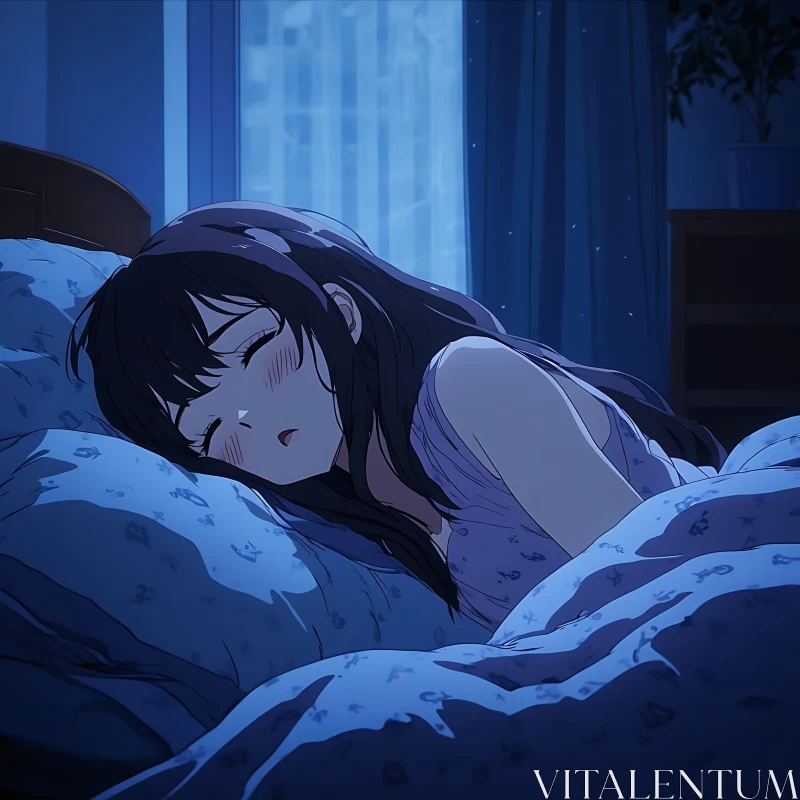 Serene Nighttime Sleep - Anime Girl in Bed AI Image