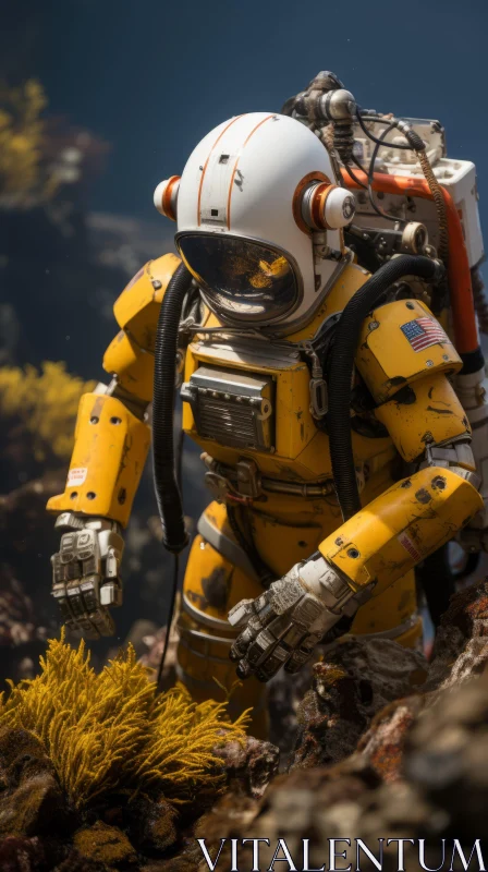 Underwater Exploration: Diver in a Yellow Suit Amidst Rocks and Corals AI Image