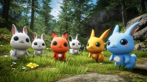 Colorful Cartoon Bunnies in Green Meadow