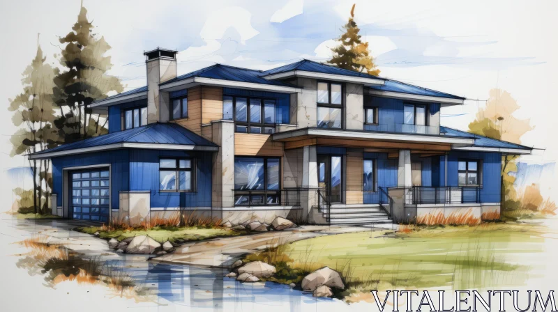 3D Rendered Watercolor House Drawing: A Fusion of Art and Architecture AI Image