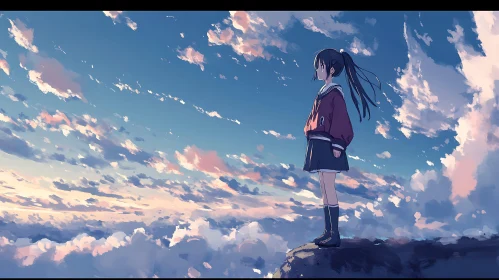 Anime Girl Overlooking Cloudy Sunset