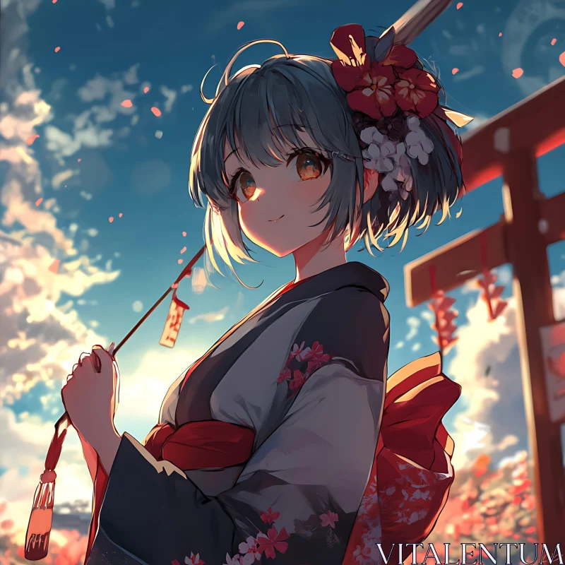 Girl in Traditional Kimono under Torii Gate at Sunset AI Image