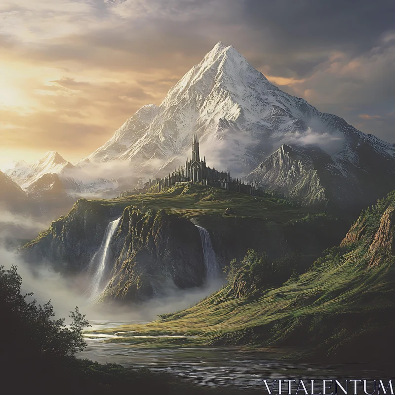 AI ART Fantasy Mountain Castle at Sunset