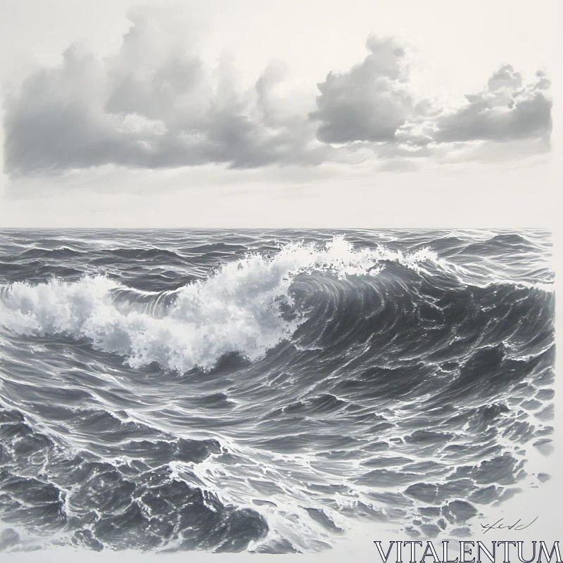 Grayscale Ocean Wave Under Cloudy Sky AI Image