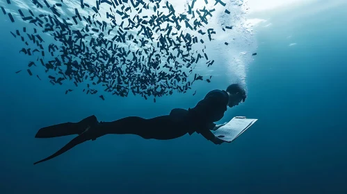 Submerged Reader: Tranquil Blue Depths