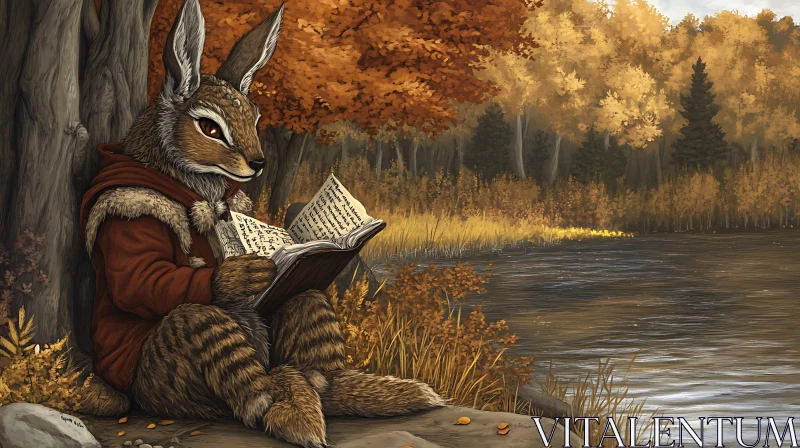 AI ART Anthropomorphic Rabbit Reading in Autumn Forest