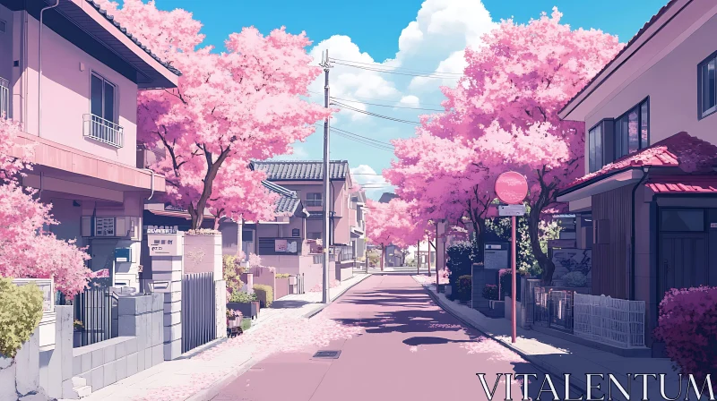 Blissful Springtime Urban Street with Cherry Blossoms AI Image