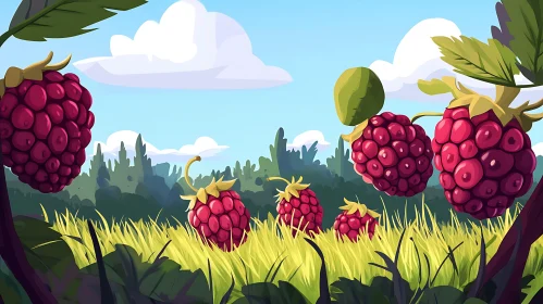 Whimsical Raspberry Cartoon Landscape