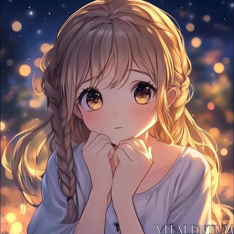 Shy Anime Girl with Braided Hair Under Bokeh Lights AI Image