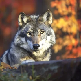 Gray Wolf in Fall Foliage