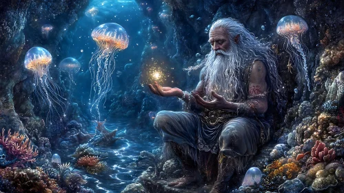 Ocean Wizard Holding a Glowing Orb