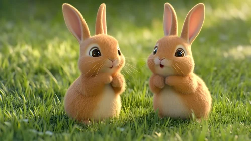 Two Little Bunnies in Green Grass