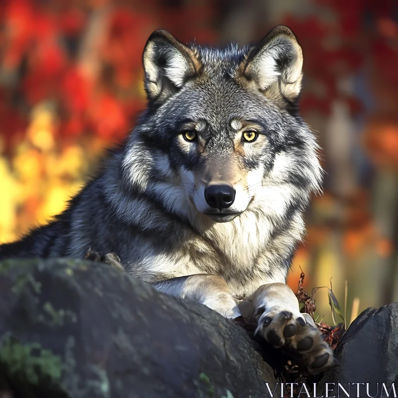 Resting Wolf in Fall Landscape AI Image