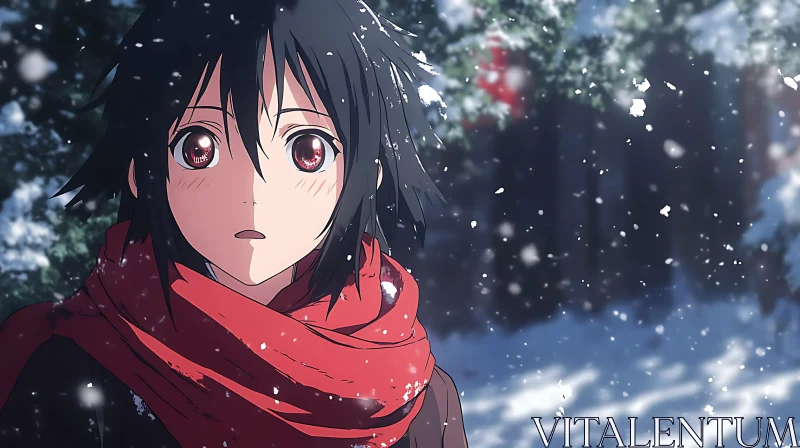 AI ART Winter Scene with Anime Character and Snowfall