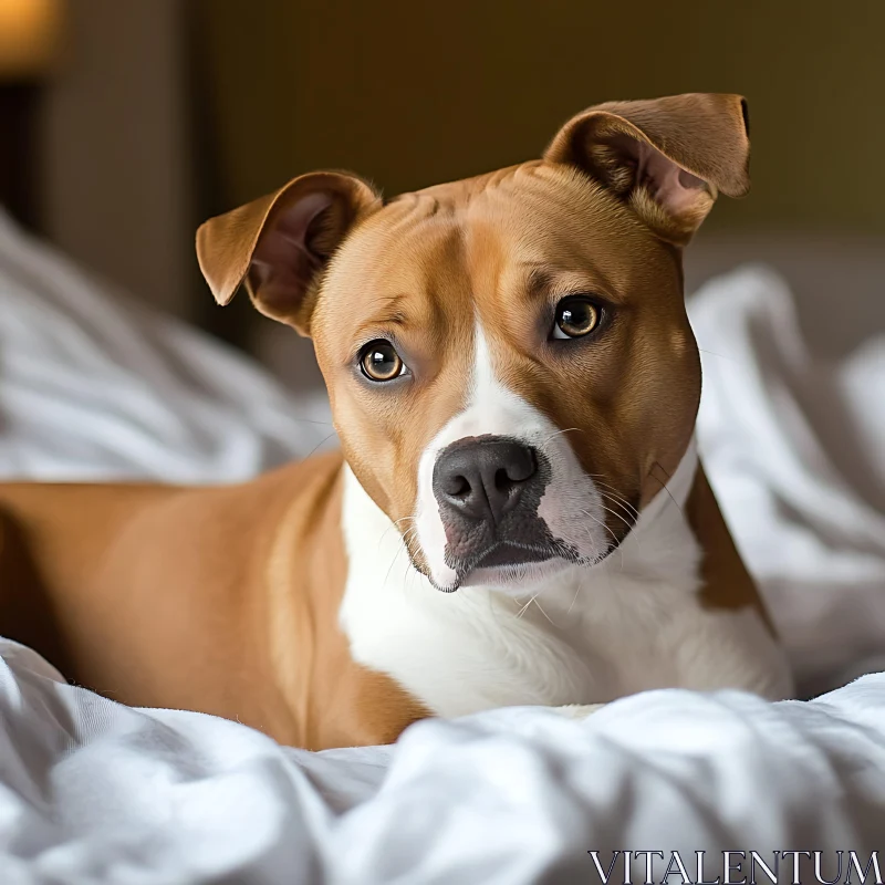 Adorable Brown and White Dog Resting on a White Blanket AI Image