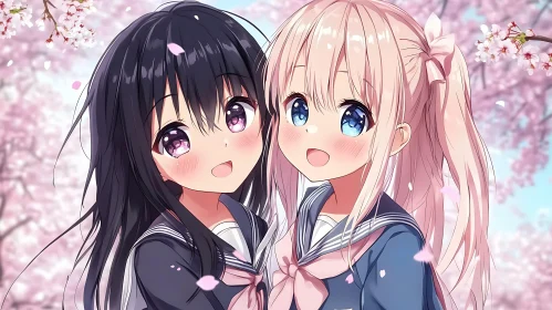 Anime Schoolgirls Amid Cherry Blossoms