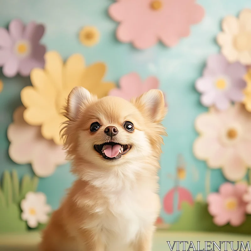 Joyful Fluffy Dog with Colorful Flowers AI Image