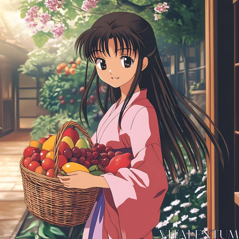 Traditional Anime Girl in a Lush Garden AI Image