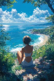 Peaceful Woman on Clifftop Overlooking Ocean