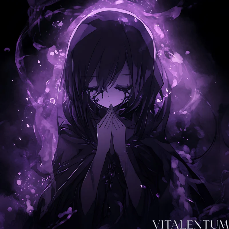 Gothic Anime Art: Solemn Figure in a Purple Haze AI Image