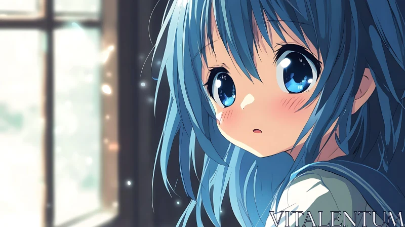 AI ART Blue-Haired Anime Girl by Window