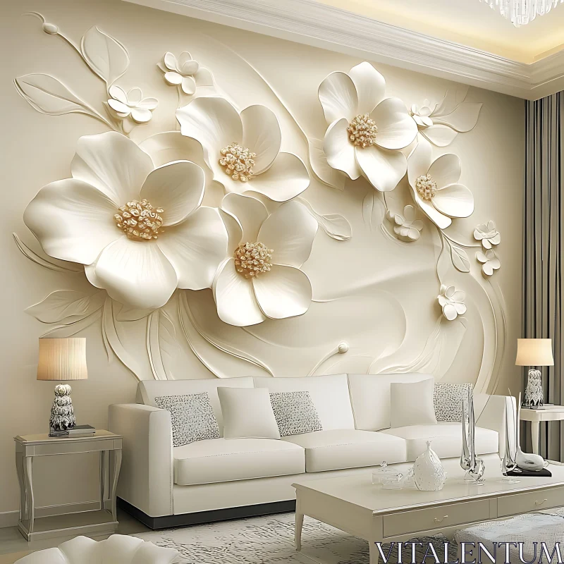 Sophisticated Interior Design Featuring 3D Floral Art AI Image