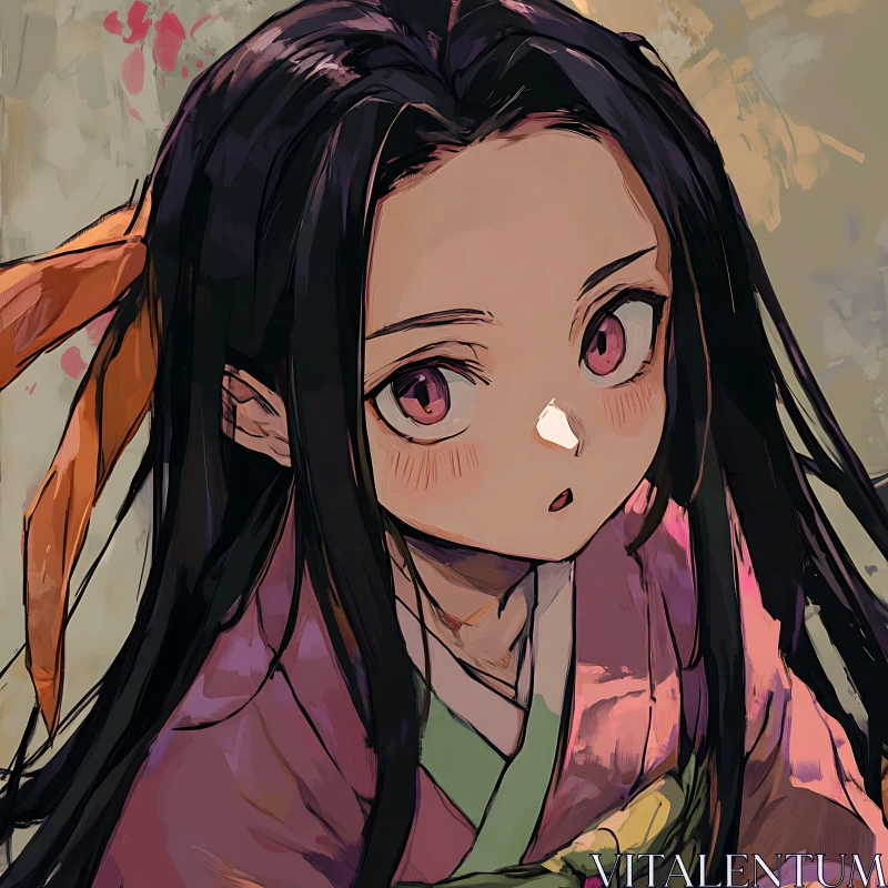 Expressive Anime Character in Pink Kimono with Ribbon AI Image