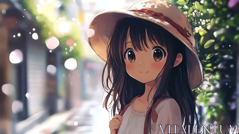 Anime Girl with Long Hair and Straw Hat AI Image