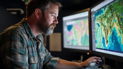 Man analyzing data on computer screens