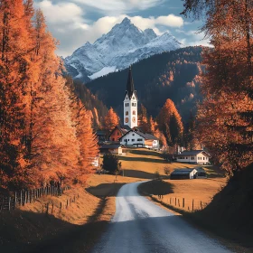 Autumnal Village View with Mountain Backdrop