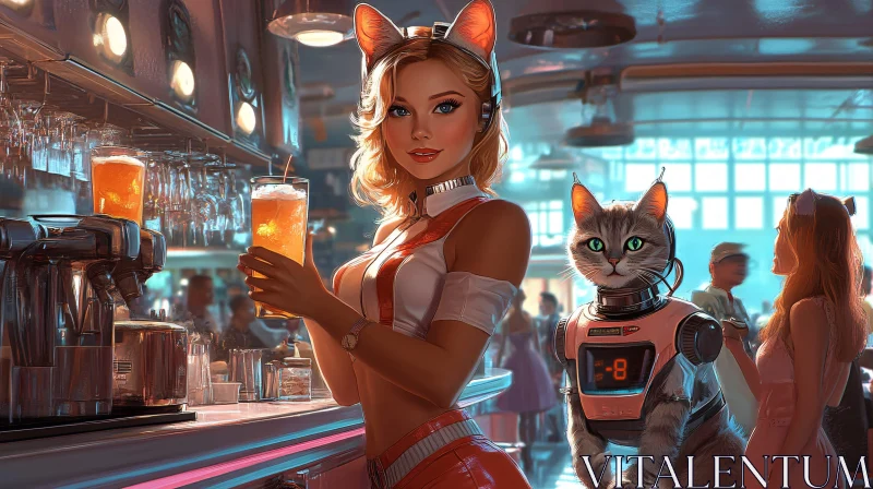 Retro-Futuristic Bar with Drinks and Robot Cat AI Image