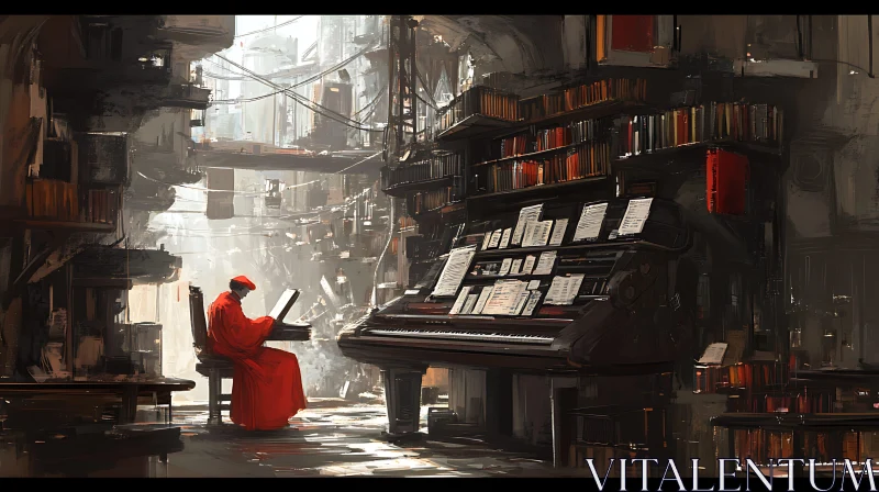 Red Robe Pianist Amidst Ancient Books AI Image