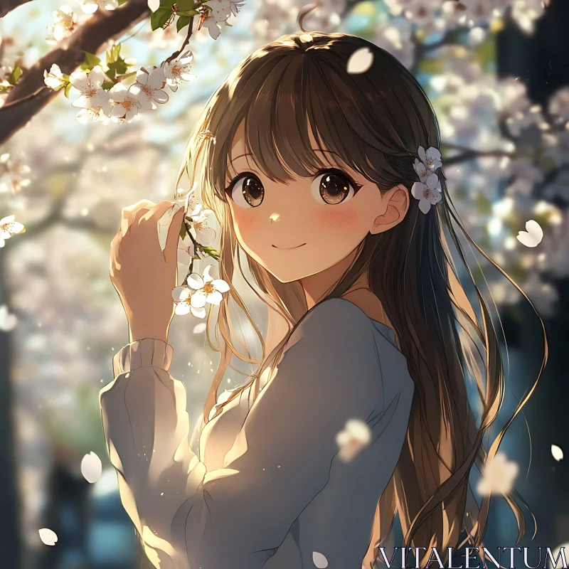 Serene Anime Girl Amidst Spring Blossoms AI Image