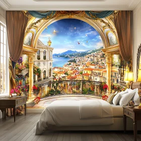 Opulent Bedroom with Mediterranean Seaside Mural